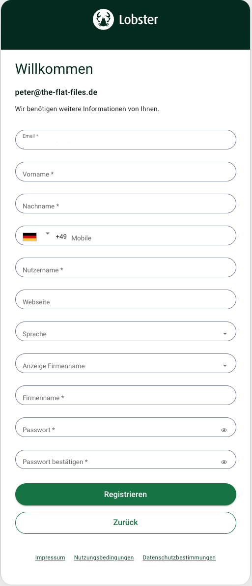 Registration form for Lobster with fields for personal and company information.